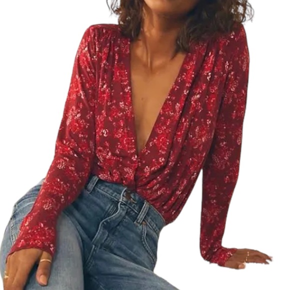 Free People Tops - ♦️SOLD♦️NEW Free People Printed Turnt Red Bodysuit